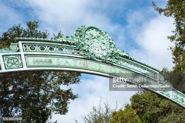 Close-up of metalwork on Sather Gate, the iconic entrance gate to the campus of UC Berkeley in downtown Berkeley, California, October 9, 2018.