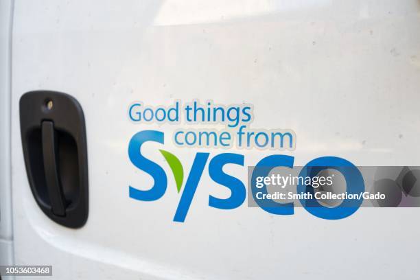 Close-up of logo in side of vehicle for food service industry distribution company Sysco in Berkeley, California, October 9, 2018.