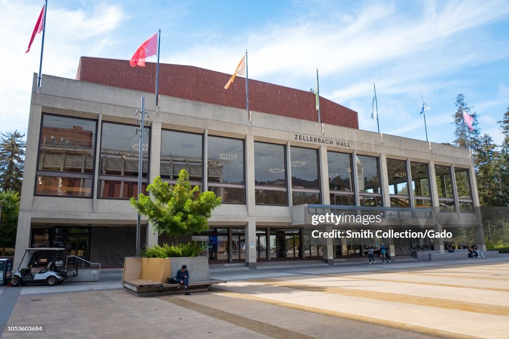 Facade of Zellerbach Hall and Lower Sproul Plaza on the campus of UC