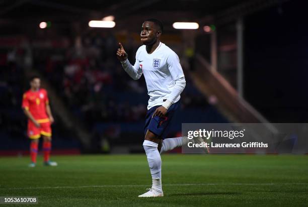 Ademola Lookman of England celebrates scoring the first goal during the 2019 UEFA European Under-21 Championship Qualifier between England U21 and...