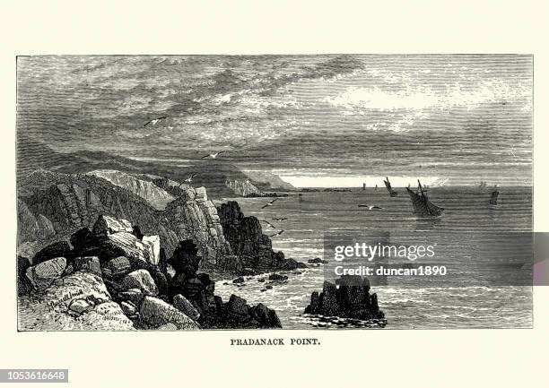 pradanack point, cornwall, england, 19th century - cornwall landscape stock illustrations