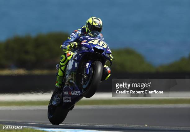 Valentino Rossi of Italy and Movistar Yamaha MotoGP lifts the fromt wheel during free practice for the 2018 MotoGP of Australia at Phillip Island...