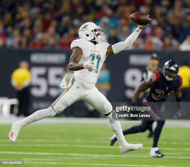 DeVante Parker of the Miami Dolphins makes a one handed catch in the fourth quarter against the Houston Texans at NRG Stadium on October 25, 2018 in...