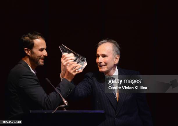 Ben Silverman and Stanley Silverman speak onstage during the American Friends of the Israel Philharmonic Orchestra Los Angeles Gala 2018 at Wallis...