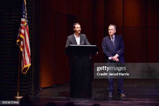 Ben Silverman and Stanley Silverman speak onstage during the American Friends of the Israel Philharmonic Orchestra Los Angeles Gala 2018 at Wallis...