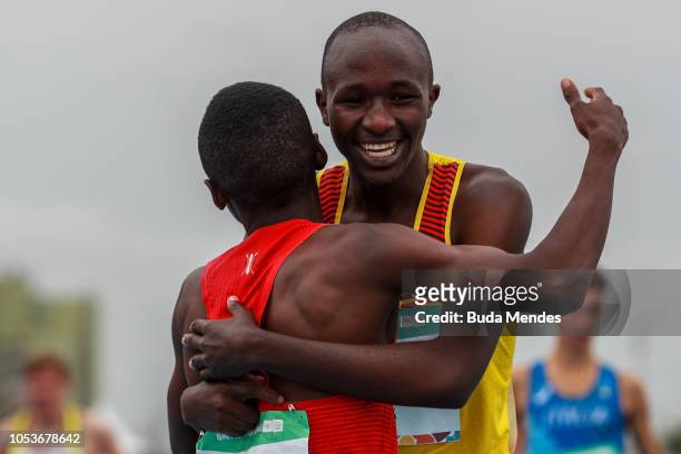 Oscar Chelimo of Uganda celebrates after winning the Men's 3000m first race during day 5 of Buenos Aires 2018 Youth Olympic Games at Youth Olympic...