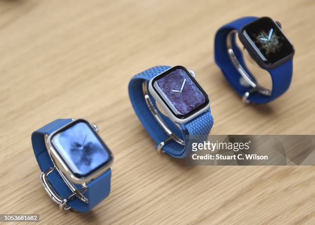 General view of the Apple Watch during the Apple Covent Garden re-opening and iPhone XR launch at Apple store, Covent Garden on October 26, 2018 in...