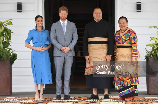 Prince Harry, Duke of Sussex and Meghan, Duchess of Sussex visit King Tupou VI and Queen Nanasipau'u Tuku'aho of Tonga on October 26, 2018 in...