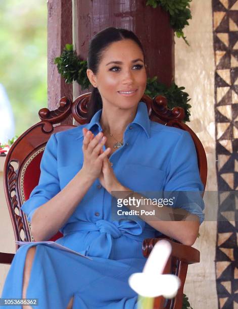 Meghan, Duchess of Sussex during a visit to Tupou College in Tonga on October 26, 2018. Prince Harry and his wife Meghan are on day 11 of their...