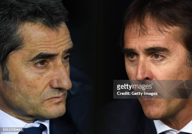 In this composite image a comparison has been made between Head coach Ernesto Valverde of FC Barcelona and Julen Lopetegui, head coach of Real...