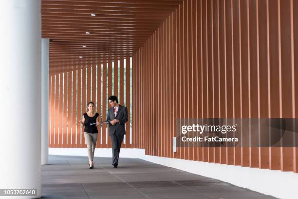 two colleagues talking on their way to a meeting - enterprise architecture stock pictures, royalty-free photos & images