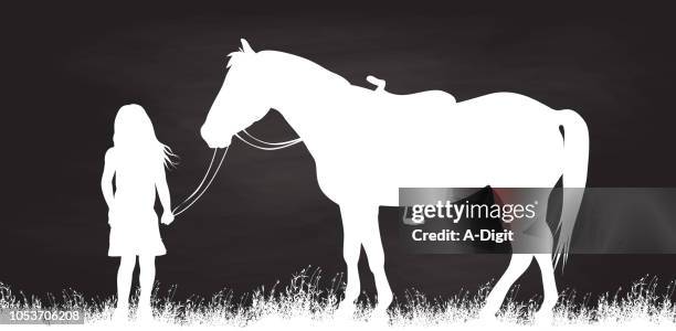 stockillustraties, clipart, cartoons en iconen met boerderij meisje paard metgezel - paardrijden