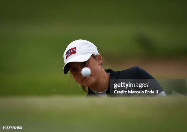 Emilie Oeveraas of Norway plays a shot from bunker during day 5 of Buenos Aires 2018 Youth Olympic Games at Hurlingham Club on October 11, 2018 in...