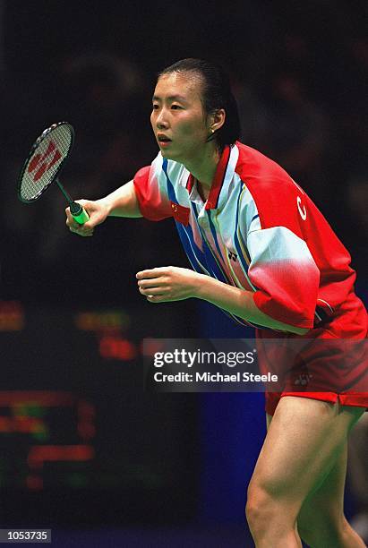 Zhaoying Ye of China in action in the Womens Singles Badminton at Pavilion 3 on Day Seven of the Sydney 2000 Olympic Games in Sydney, Australia....