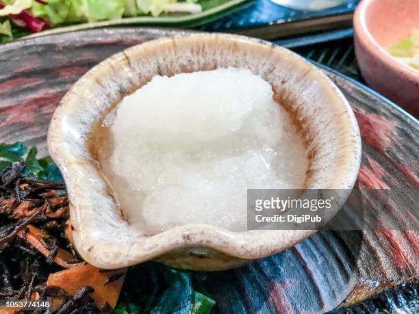grated daikon radish for eating with grilled pacific saury - dikon radish stock pictures, royalty-free photos & images