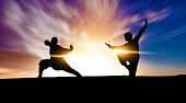 Silhouette landscape of kung fu fight