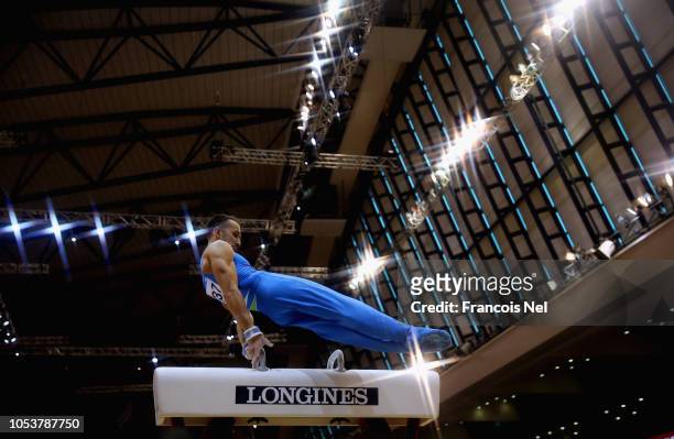 Saso Bertoncelj of Slovinia competes in the Men's Pommel Horse Qualification during day two of the 2018 FIG Artistic Gymnastics Championshipsat...