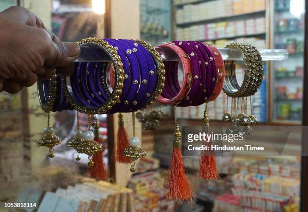 Bangles display at Kinari Bazar, Chandni Chowk for the preparation of Karva Chauth, on October 23, 2018 in New Delhi, India. Karva Chauth is a...