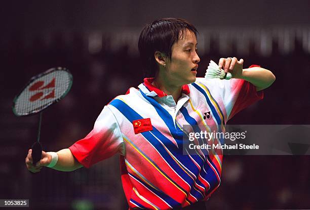 Zhichao Gong of China in the Womens Singles Badminton Final at Pavilion 3 in the Olympic Park on Day Seven of the Sydney 2000 Olympic Games in...