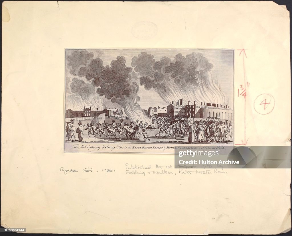 An engraving of 'The Mob destroying and settling fire to the King's ...