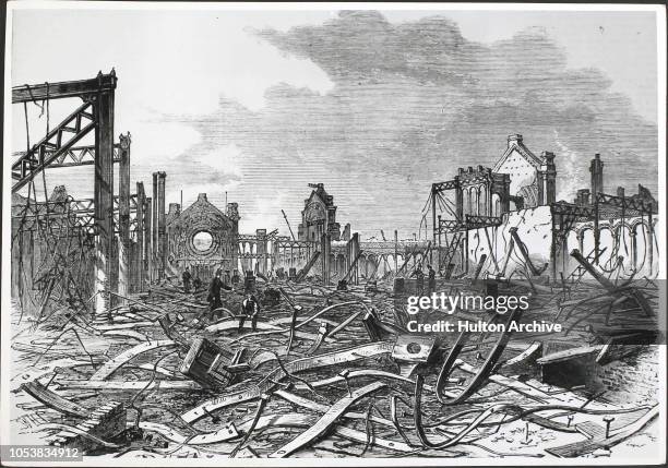 The remains of Alexandra Palace in London, after being destroyed by fire shortly after its opening, England, 1873.