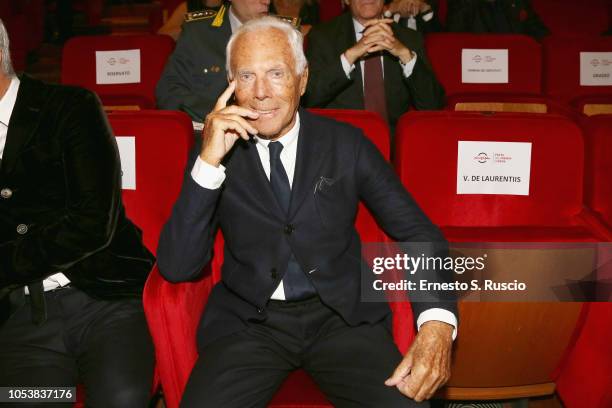 Giorgio Armani attends the "La Grande Guerra" screening during the 13th Rome Film Fest at Auditorium Parco Della Musica on October 26, 2018 in Rome,...