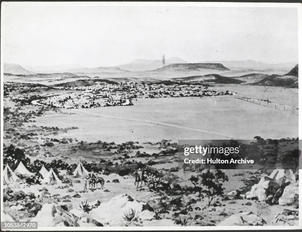 The Relief of Ladysmith: General View of the Town and its Surroundings, British outposts in foreground. At top - from left to right: Pepworth Hill :...
