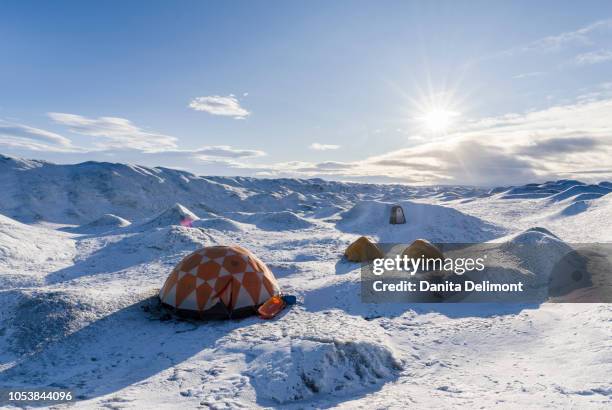 camp on ice cap at greenland ice sheet, kangerlussuaq, greenland, denmark - ice sheet stock pictures, royalty-free photos & images