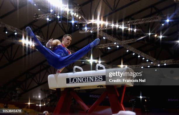 Brinn Bevan of Great Britain competes in the Men's Pommel Horse Qualification during day two of the 2018 FIG Artistic Gymnastics Championshipsat...