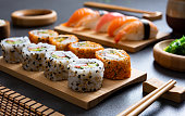 Sushi set on bamboo plate