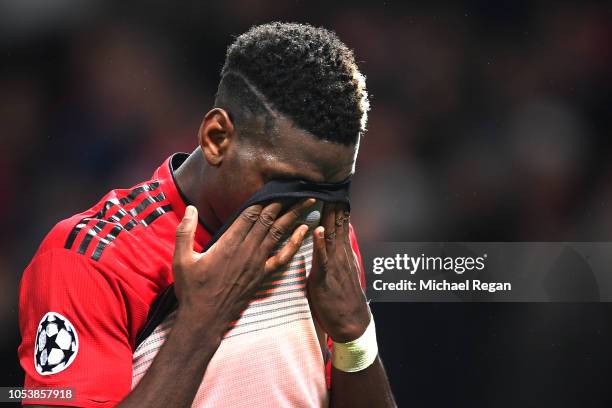 Paul Pogba of Manchester United looks dejected following the Group H match of the UEFA Champions League between Manchester United and Juventus at Old...