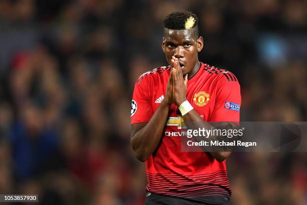 Paul Pogba of Manchester United looks dejected after hitting the post during the Group H match of the UEFA Champions League between Manchester United...