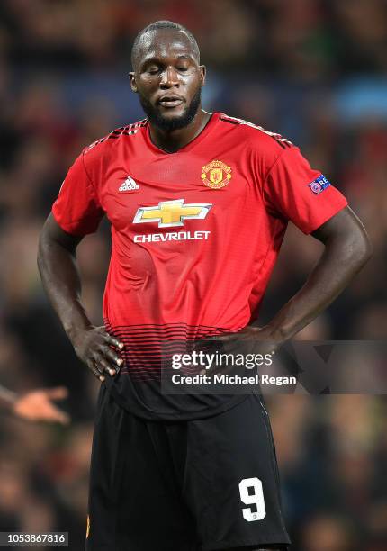 Romelu Lukaku of Manchester United looks dejected during the Group H match of the UEFA Champions League between Manchester United and Juventus at Old...