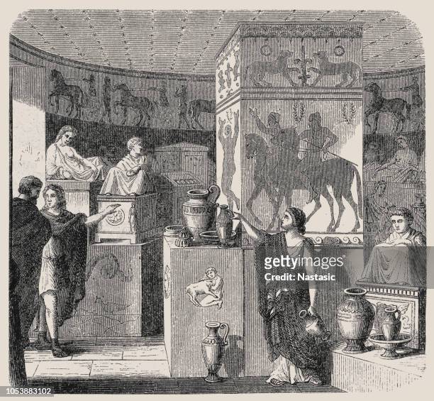 discovered tomb with its treasures ,etruscan tomb, volterra, visual reconstruction - etruscan stock illustrations