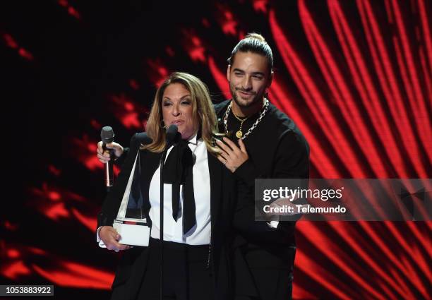 Show" -- Pictured: Maluma accepts the Extraordinary Evolution Award from Ana Maria Polo at the Dolby Theatre in Hollywood, CA on October 25, 2018 --