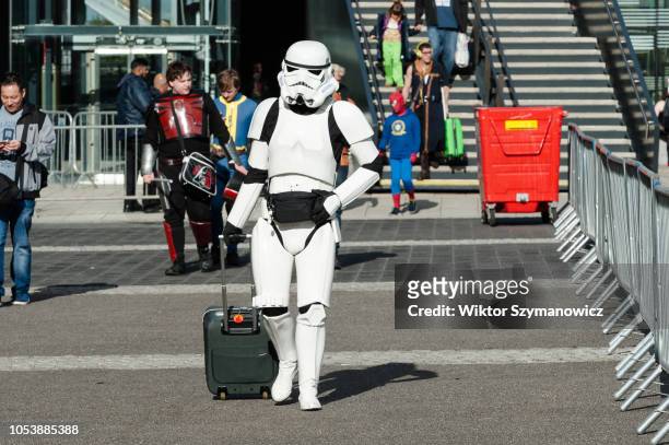 Cosplayer dressed as a stormtrooper from 'Star Wars' attends the MCM Comic Con at ExCeL exhibition centre in London. October 26, 2018 in London,...