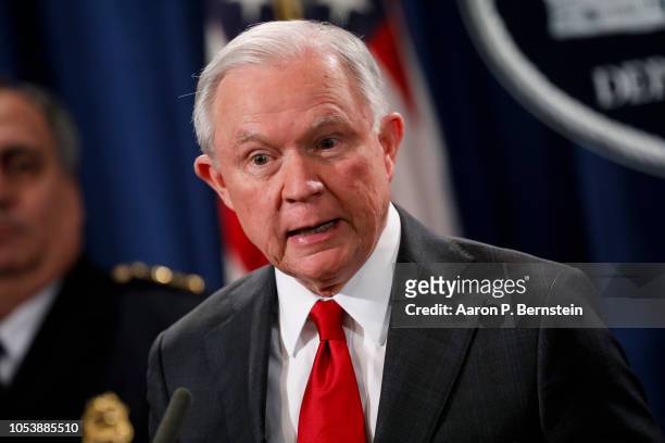 Attorney General Jeff Sessions speaks at a press conference about the apprehension of a suspect in the recent spate of mail bombings at the...