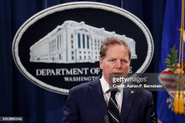 Geoffrey Berman, United States Attorney for the Southern District of New York, speaks at a press conference about the apprehension of a suspect in...
