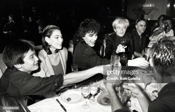 From left, restaurateur Michael Chow, married couple Julie Anne Friedman and Pop musician Nick Rhodes , and Pop artist Andy Warhol , fashion designer...