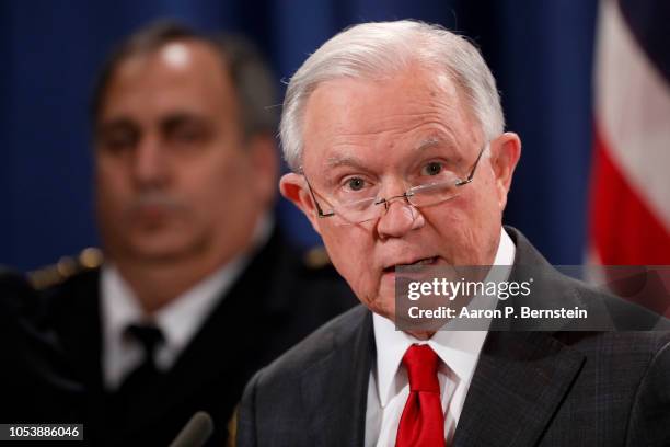 Attorney General Jeff Sessions speaks at a press conference about the apprehension of a suspect in the recent spate of mail bombings at the...