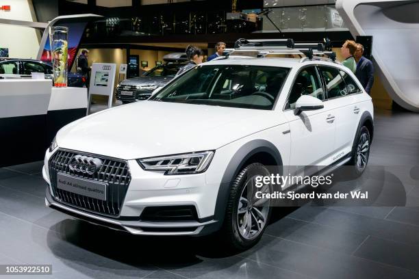 Audi A4 Avant Allroad Quattro four wheel drive station wagon on display at Brussels Expo on January 13, 2017 in Brussels, Belgium. The A4 Avant...