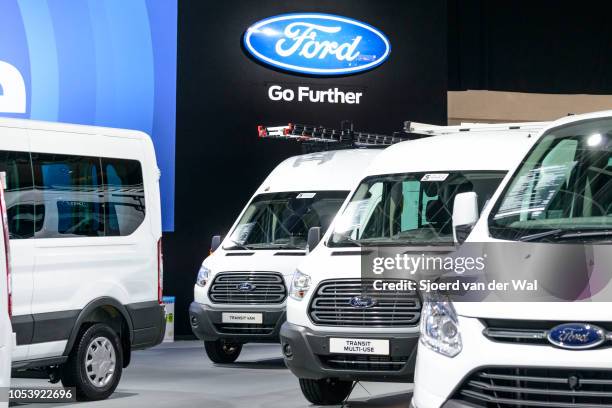 Ford range of Light Commercial Vehicles in various bod styles including the Transit Van and Transit courier on display at Brussels Expo on January...