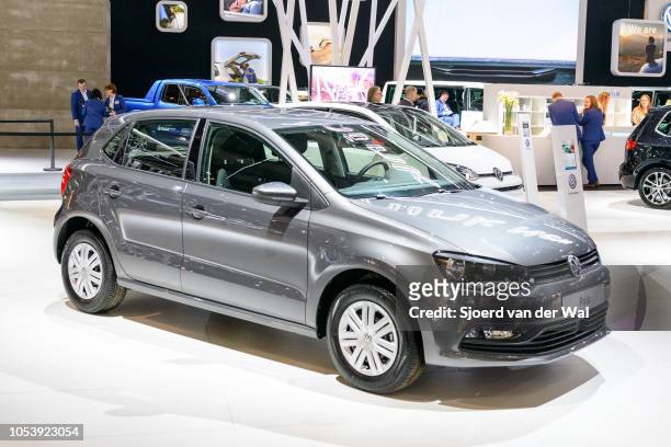 Volkswagen Polo compact hatchback car on display at Brussels Expo on January 13, 2017 in Brussels, Belgium. The Volkswagen Polo Mk5 is avaialbe as 3-...