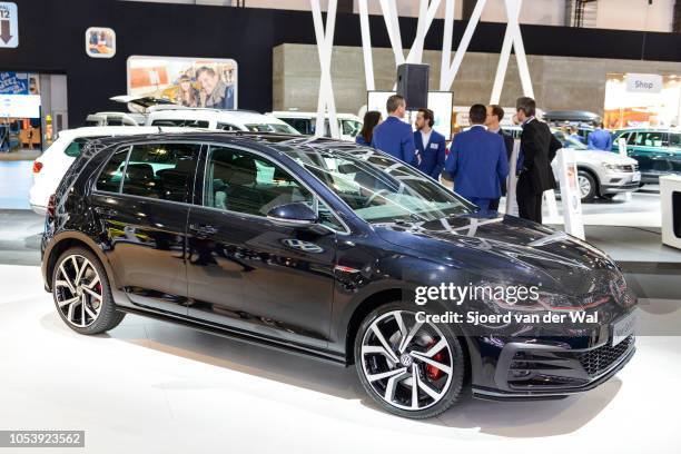 Volkswagen Golf GTI compact family performance car on display at Brussels Expo on January 13, 2017 in Brussels, Belgium. The Volkswagen Golf Mk7 is...