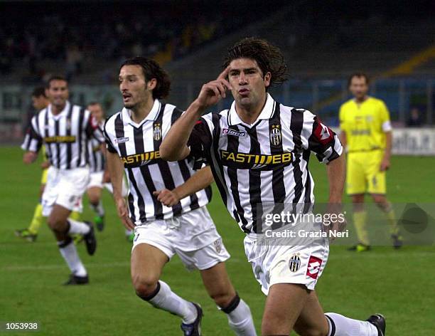 Marcelo Salas of Juventus celebrates his goal during the Serie A 3rd round match played between Juventus and Chievo at Delle Alpi Stadium in Turin,...