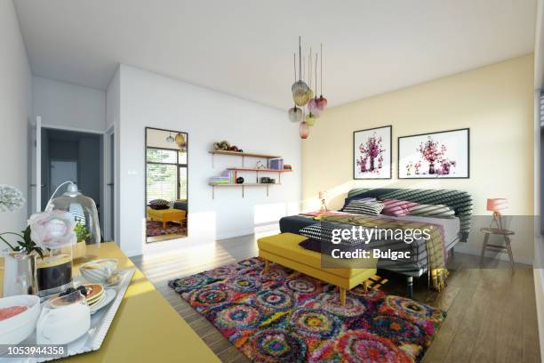 cozy bedroom interior - colorful bedroom stock pictures, royalty-free photos & images