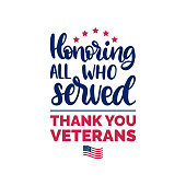 Honoring All Who Served, hand lettering with USA flag illustration. Veterans Day poster, greeting card in vector.