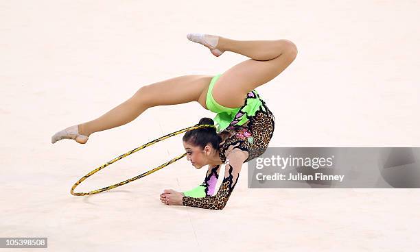 Lynne Hutchinson of England performs in the hoop discipline during the individual apparatus final at the IG Sports Complex during day eleven of the...