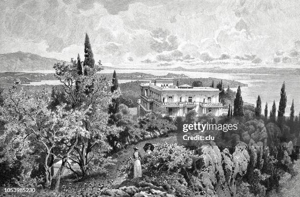 the house of the empress of austria on the island of corfu - corfu stock illustrations