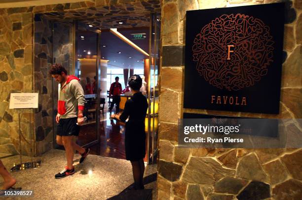 Brendan Fevola of the Lions leaves the team breakfast room the Favola Italian Restraunt in Le Royal Meridian Hotel on October 14, 2010 in Shanghai,...